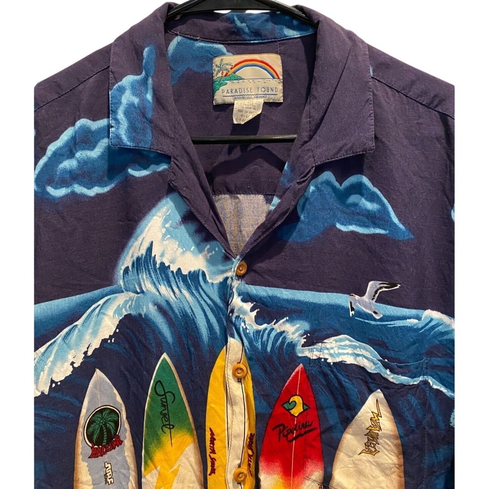 Paradise Found Hawaiian Shirt XL Men's Blue Surfboard Ocean‎ Wave Rayon Aloha